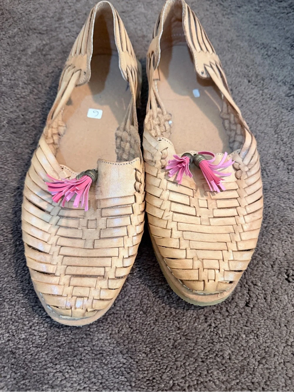 Woven Leather Tassel Loafers - Tan with Pink Tassels